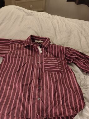 Striped Burgundy and Pink Women's Button-Up Shirt